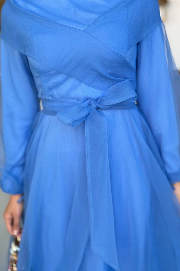 Abendkleid aus Tüll mit Schulterstreifendetail und Taillenschnürung 3964 Indigo - 3
