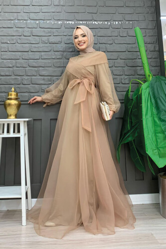 Shoulder Stripe Detail Waist Tie Tulle Evening Dress 3964 Mink - 6
