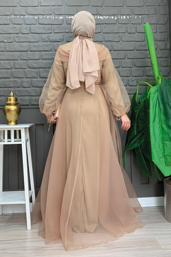 Shoulder Stripe Detail Waist Tie Tulle Evening Dress 3964 Mink - 7