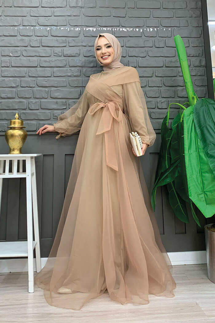 Shoulder Stripe Detail Waist Tie Tulle Evening Dress 3964 Mink - 3