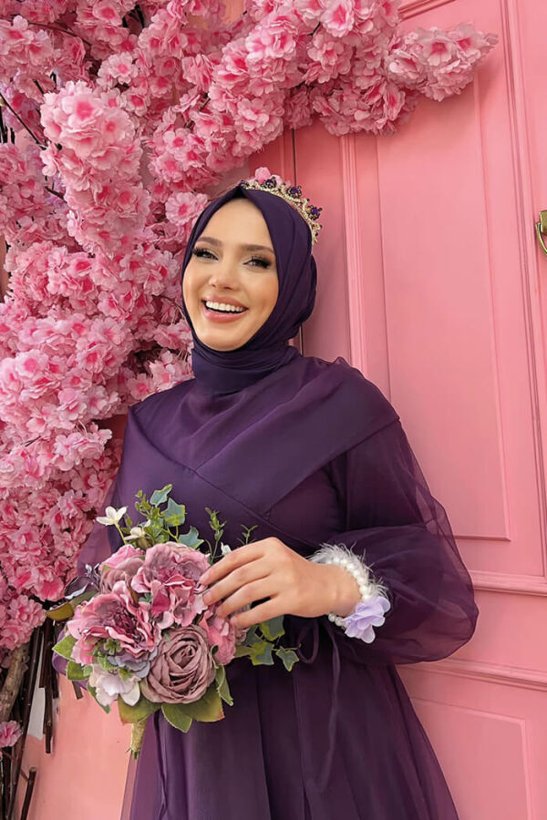 الكتف شريط التفاصيل الخصر التعادل تول فستان سهرة 3964 بنفسجي - 8