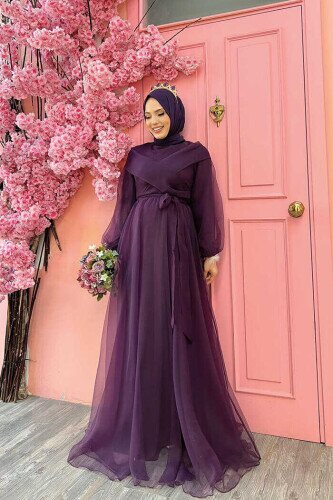 Shoulder Stripe Detail Waist Tie Tulle Evening Dress 3964 Purple 