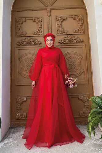 Abendkleid aus Tüll mit Schulterstreifendetail und Taillenschnürung 3964 Rot 