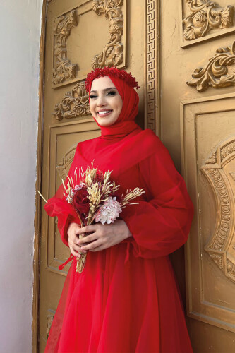 Abendkleid aus Tüll mit Schulterstreifendetail und Taillenschnürung 3964 Rot - 8