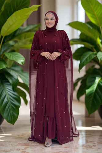 İnci Detaylı Pelerinli Elbise 3973 Bordo - Bym Fashion