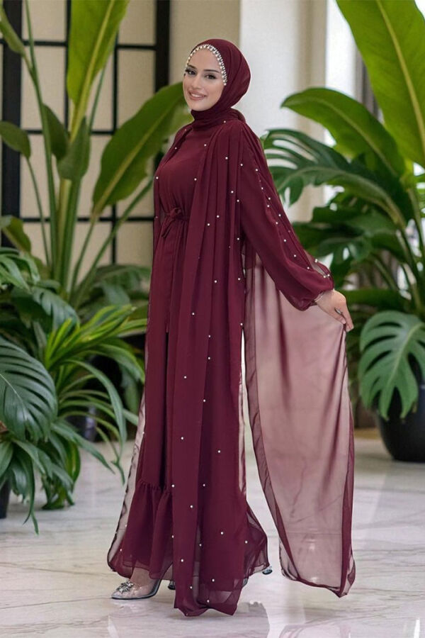 İnci Detaylı Pelerinli Elbise 3973 Bordo - 3