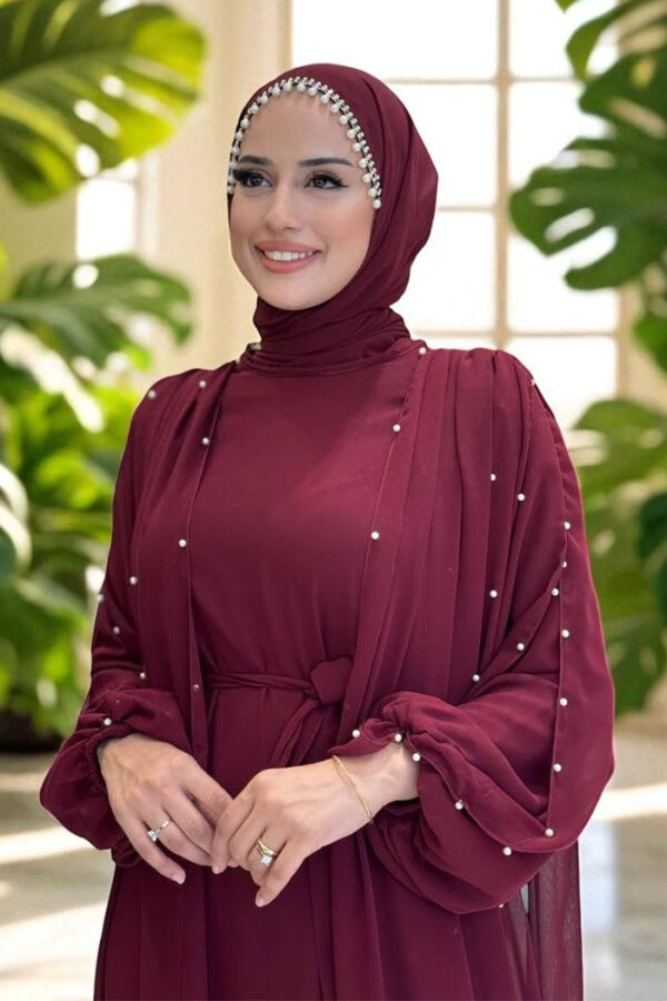 İnci Detaylı Pelerinli Elbise 3973 Bordo - 4