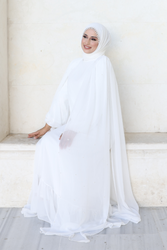 İnci Detaylı Pelerinli Elbise 3973 Ekru - Bym Fashion