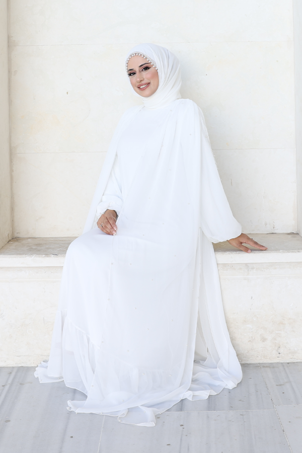 İnci Detaylı Pelerinli Elbise 3973 Ekru - 3