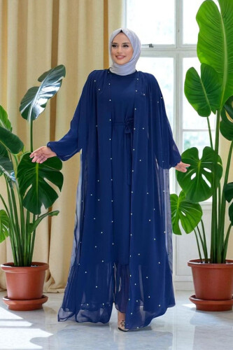 İnci Detaylı Pelerinli Elbise 3973 Lacivert - Bym Fashion