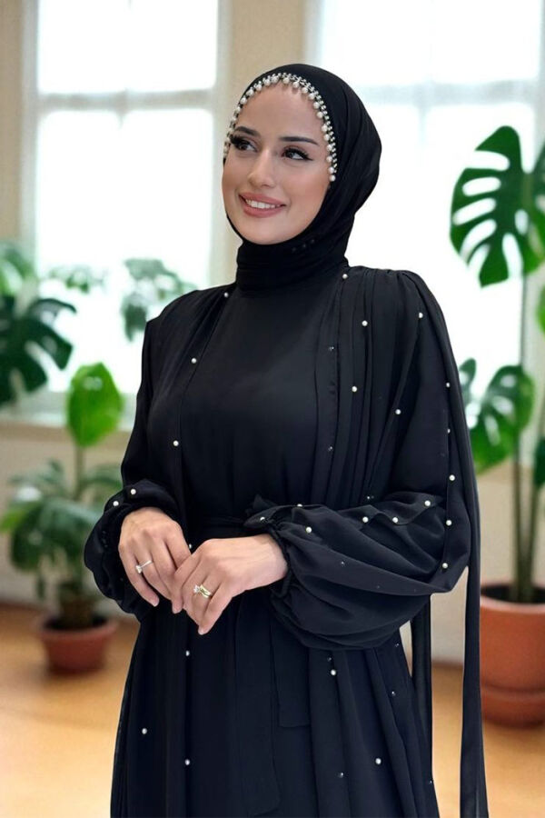 İnci Detaylı Pelerinli Elbise 3973 Siyah - 4