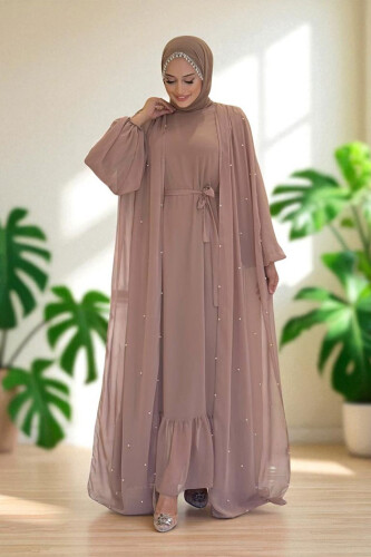 İnci Detaylı Pelerinli Elbise 3973 Vizon - Bym Fashion