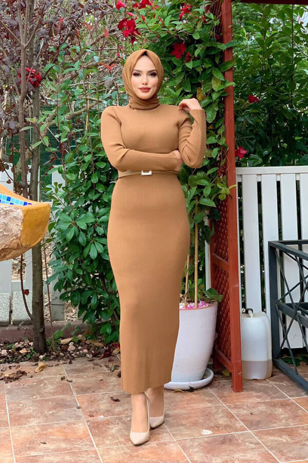 Balıkçı Yaka Fitilli Triko Elbise 4100 Taba - 2