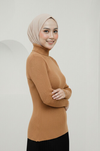 Balıkçı Yaka Düz Model Triko Kazak 4138 Taba - 2