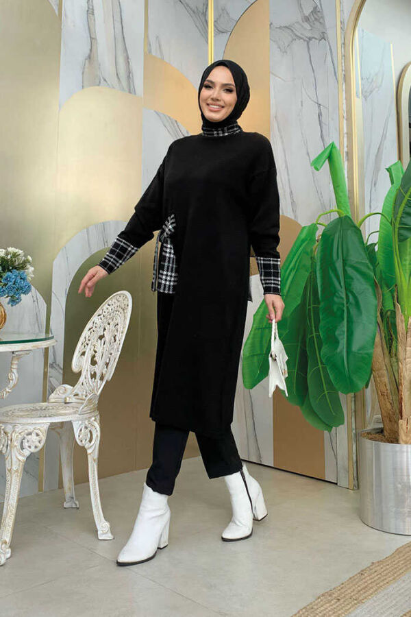 Ekose Desen Detaylı Yarasa Kol Triko Tunik 4338 Siyah - 2