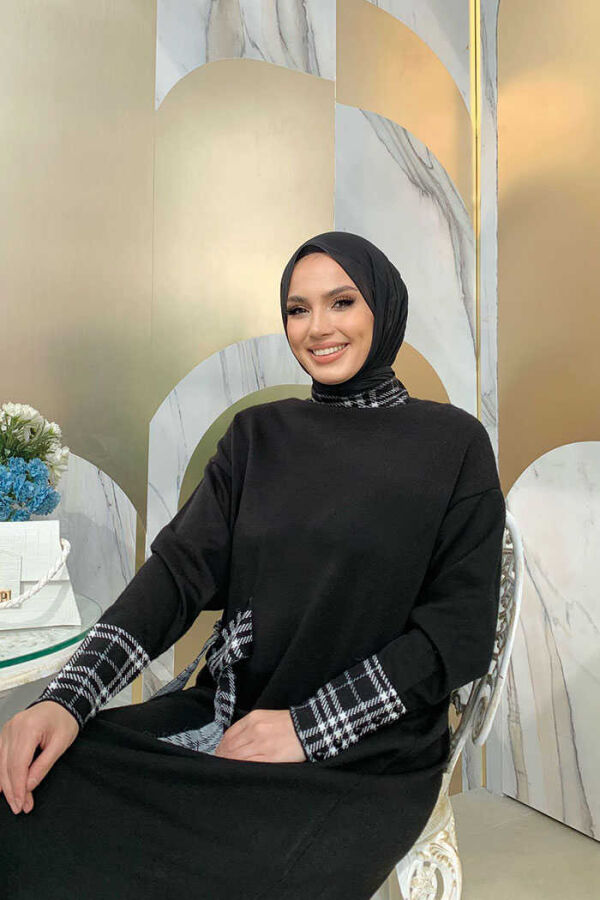 Ekose Desen Detaylı Yarasa Kol Triko Tunik 4338 Siyah - 4