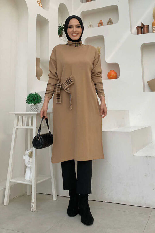 Ekose Desen Detaylı Yarasa Kol Triko Tunik 4338 Taba - 1