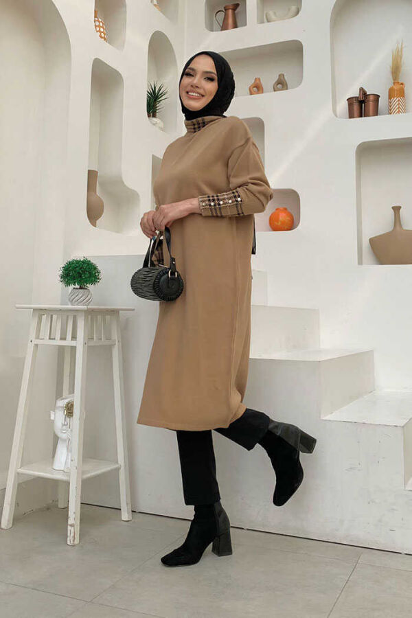 Ekose Desen Detaylı Yarasa Kol Triko Tunik 4338 Taba - 2