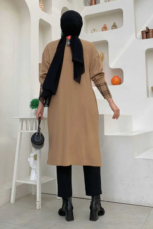 Ekose Desen Detaylı Yarasa Kol Triko Tunik 4338 Taba - 3