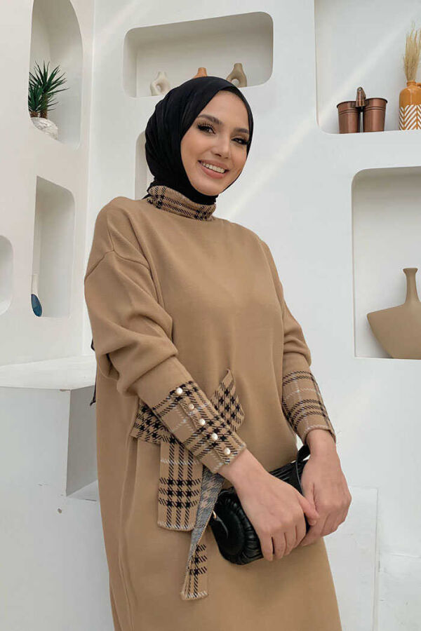 Ekose Desen Detaylı Yarasa Kol Triko Tunik 4338 Taba - 4