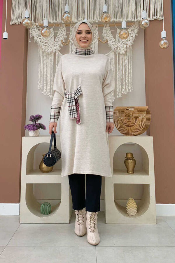 Ekose Desen Detaylı Yarasa Kol Triko Tunik 4338 Taş - 1