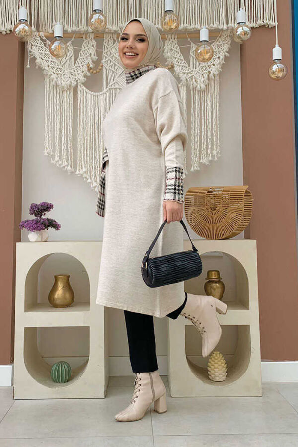 Ekose Desen Detaylı Yarasa Kol Triko Tunik 4338 Taş - 2