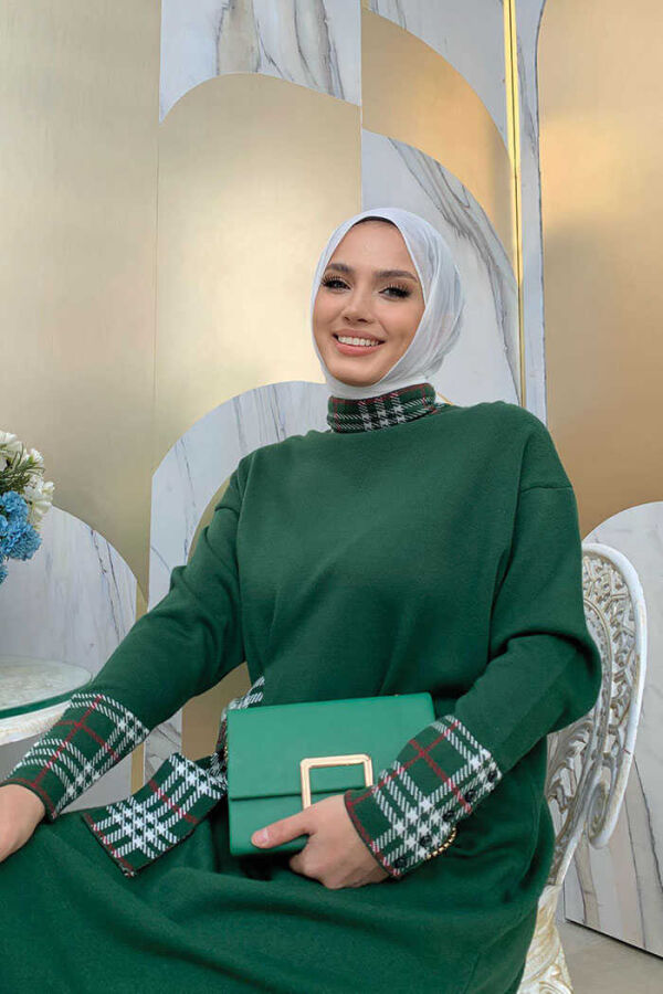 Ekose Desen Detaylı Yarasa Kol Triko Tunik 4338 Zümrüt - 4