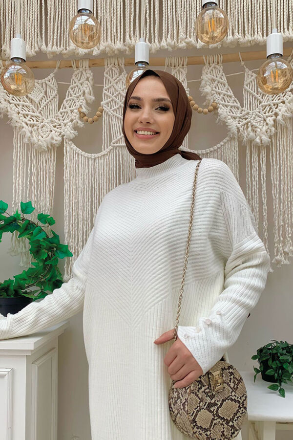 Bilekleri Düğme Detaylı Fitilli Triko Tunik 4340 Ekru - 8
