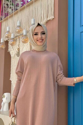 Bilekleri Düğme Detaylı Fitilli Triko Tunik 4340 Pudra - 3