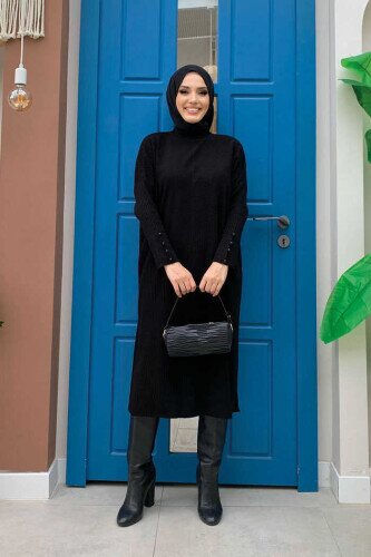 Bilekleri Düğme Detaylı Fitilli Triko Tunik 4340 Siyah 