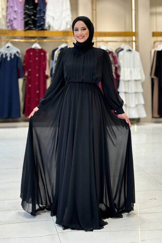 Half Neck Detailed Front Side Layered Lined Chiffon Evening Dress 4976 Black 