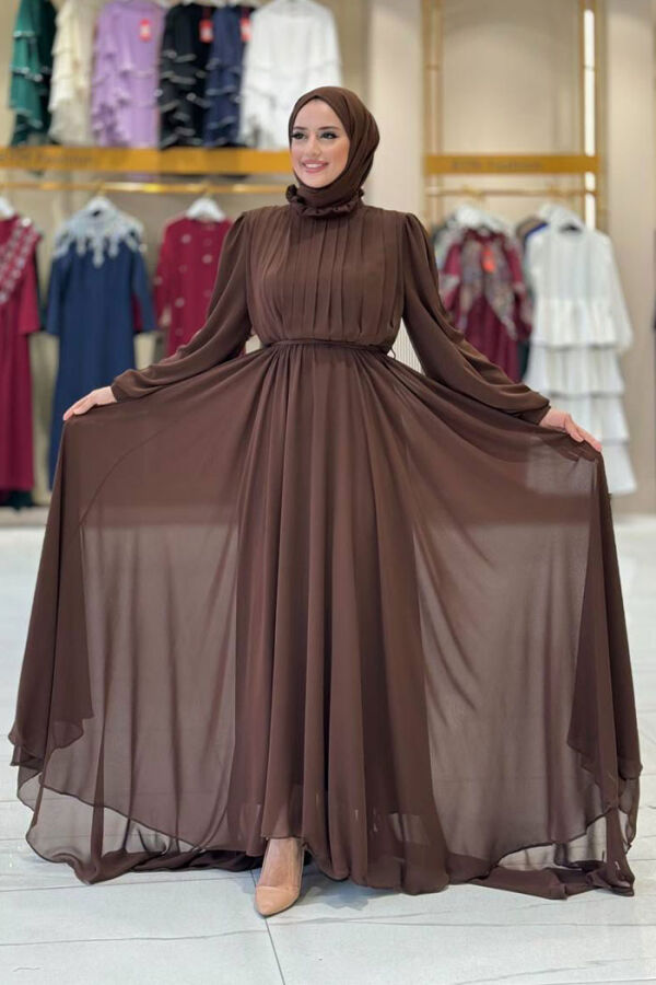 Half Neck Detailed Front Side Layered Lined Chiffon Evening Dress 4976 Brown - 2