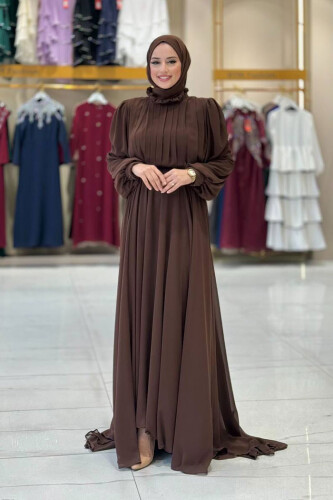 Half Neck Detailed Front Side Layered Lined Chiffon Evening Dress 4976 Brown - 3