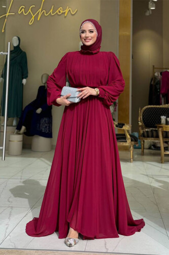 Halbhalsausschnitt, detaillierte Vorderseite, mehrlagiges, gefüttertes Chiffon-Abendkleid 4976 Weinrot 