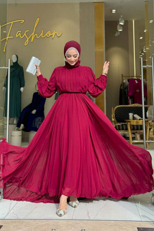 Halbhalsausschnitt, detaillierte Vorderseite, mehrlagiges, gefüttertes Chiffon-Abendkleid 4976 Weinrot - 3
