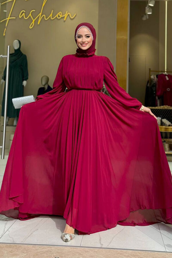 Halbhalsausschnitt, detaillierte Vorderseite, mehrlagiges, gefüttertes Chiffon-Abendkleid 4976 Weinrot - 4