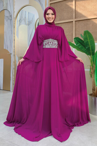 Pelerinli Bel Taş İşleme Detay Şifon Abiye Elbise 5001 Mürdüm - Bym Fashion