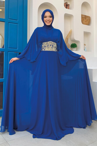 Pelerinli Bel Taş İşleme Detay Şifon Abiye Elbise 5001 Saks - Bym Fashion