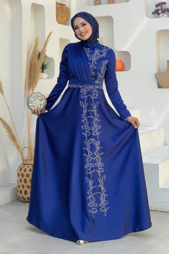 Taş Detaylı Kemer Aksesuarlı Saten Abiye Elbise 5002 Lacivert - Bym Fashion