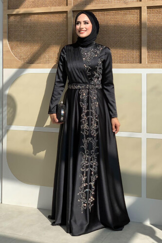 Taş Detaylı Kemer Aksesuarlı Saten Abiye Elbise 5002 Siyah - Bym Fashion