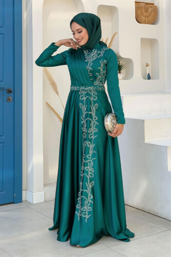 Taş Detaylı Kemer Aksesuarlı Saten Abiye Elbise 5002 Zümrüt - Bym Fashion