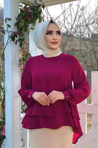 Kat Kat Kol Manşetli Şifon Bluz 5148 Mürdüm - bym fashion