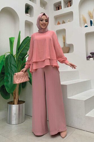 Kat Kat Kol Manşetli Şifon Bluz 5148 Pudra - bym fashion