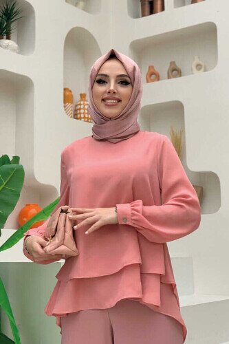 Kat Kat Kol Manşetli Şifon Bluz 5148 Pudra - 3