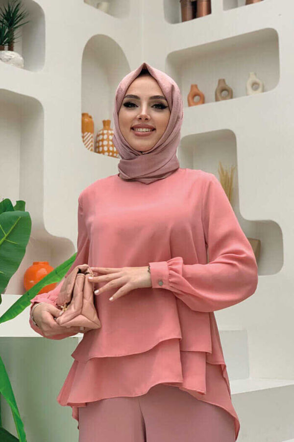 Kat Kat Kol Manşetli Şifon Bluz 5148 Pudra - 3