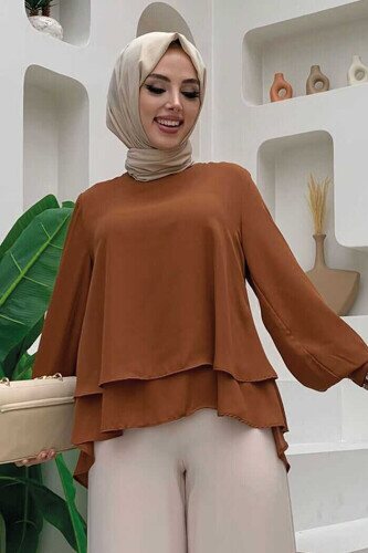 Kat Kat Kol Manşetli Şifon Bluz 5148 Taba - bym fashion