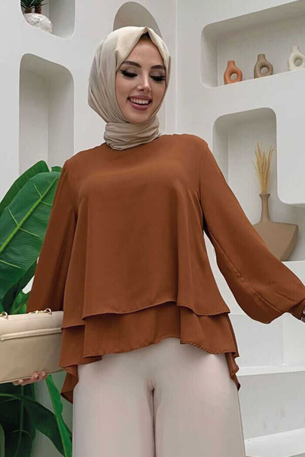Kat Kat Kol Manşetli Şifon Bluz 5148 Taba - 1