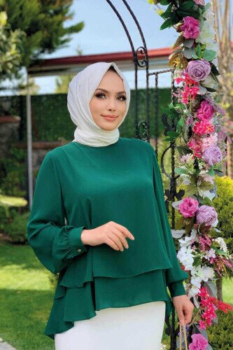Kat Kat Kol Manşetli Şifon Bluz 5148 Zümrüt - bym fashion