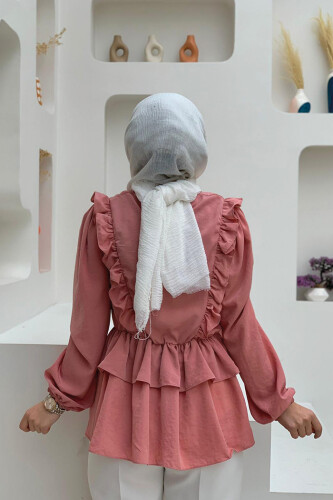 Frill Detail Elastic Waist Tiered Blouse 5207 Powder - 4