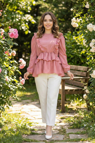 Frill Detail Elastic Waist Tiered Blouse 5207 Powder